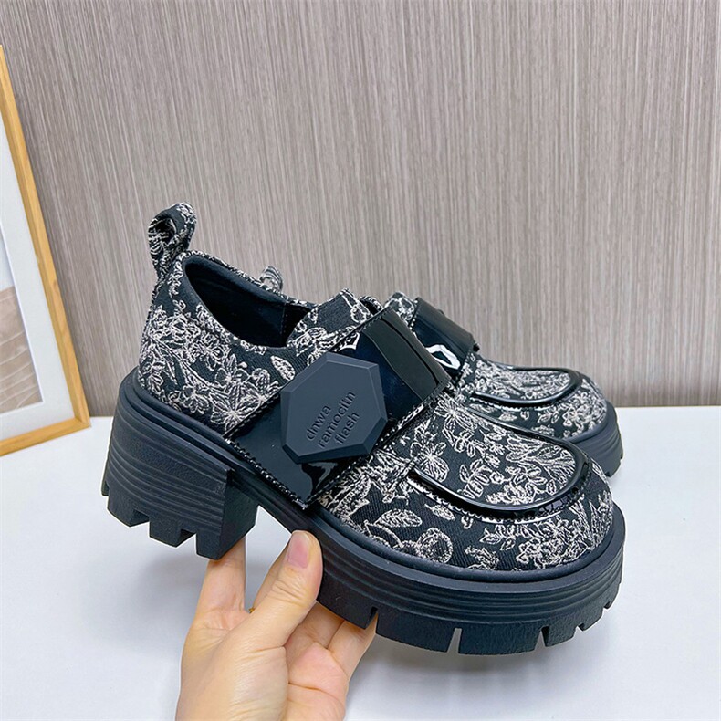 花布乐福鞋2024春季新款休闲百搭玛丽珍粗跟小皮鞋真皮单鞋，女鞋单鞋，电商A223