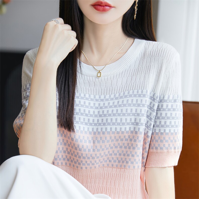 时尚渐变短袖t恤女夏季2025新款打底衫洋气大码女装冰丝针织上衣,女装T恤,皓宇羊绒