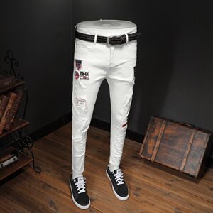 2021春夏款潮牌白色弹力牛仔裤男修身小脚裤QT6027-88163图片