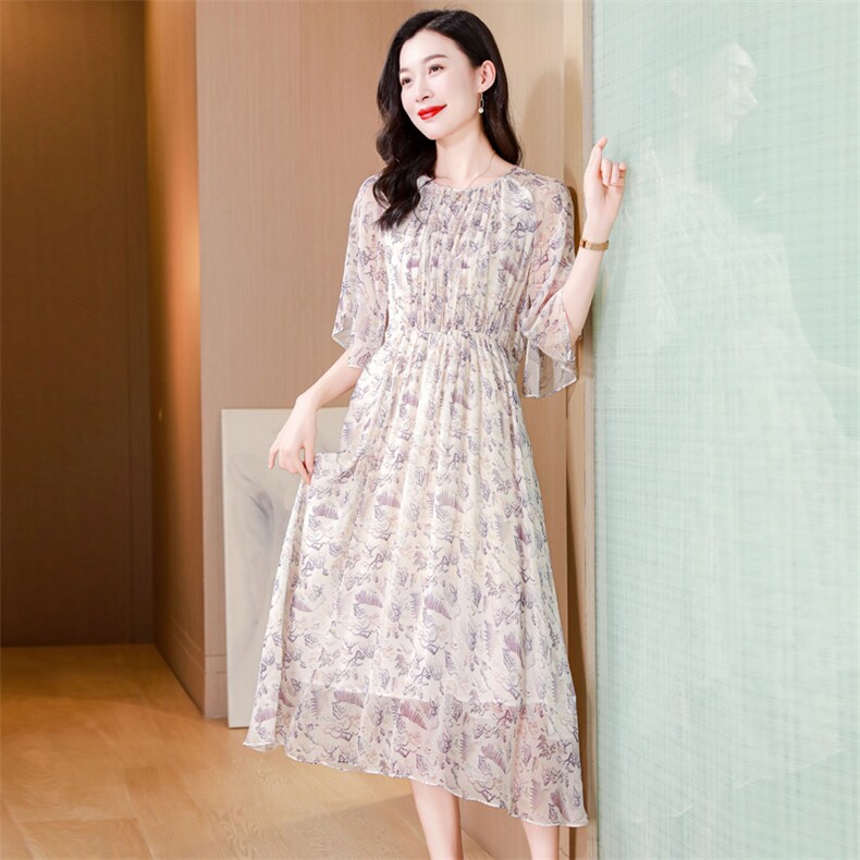 真丝连衣裙2025夏季新款大码女装衣服桑蚕丝高端精致气质碎花裙子,女装连衣裙,阿舍尔精品