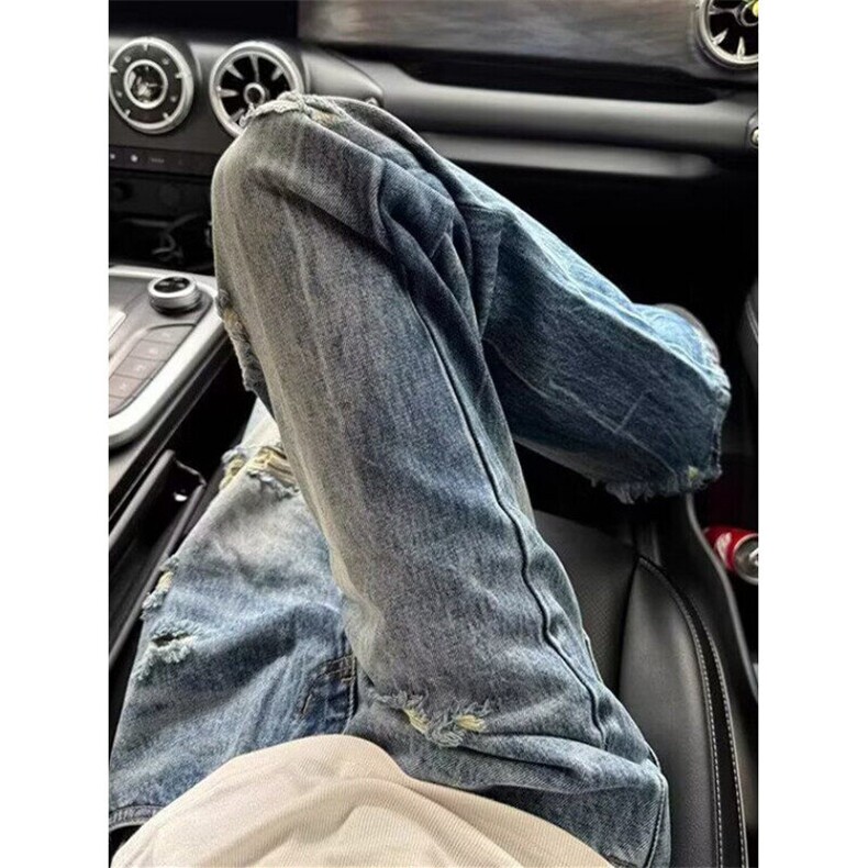 高街水洗复古破洞牛仔裤女新款宽松显瘦高腰直筒长裤B82,男装牛仔裤,星座1116A（原606A-3）