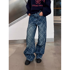 美式水洗做旧格纹小众设计感牛仔裤男女秋冬宽松百搭休闲长裤，男装牛仔裤，星座506A