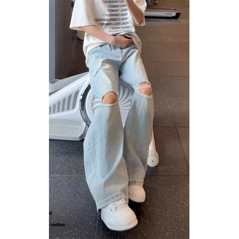 竹节纹破洞弯刀牛仔裤男夏季美式vibe裤子加长款阔腿裤 NA456图片