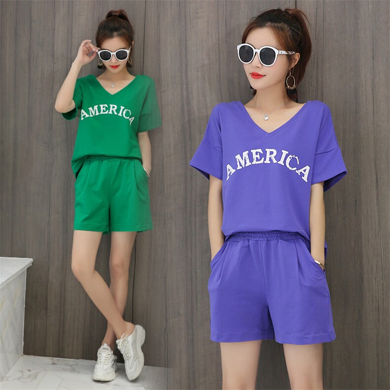 运动套装女2020夏季韩版短袖T恤女休闲阔腿短裤两件套潮，女装运动套装，凯瑟曼