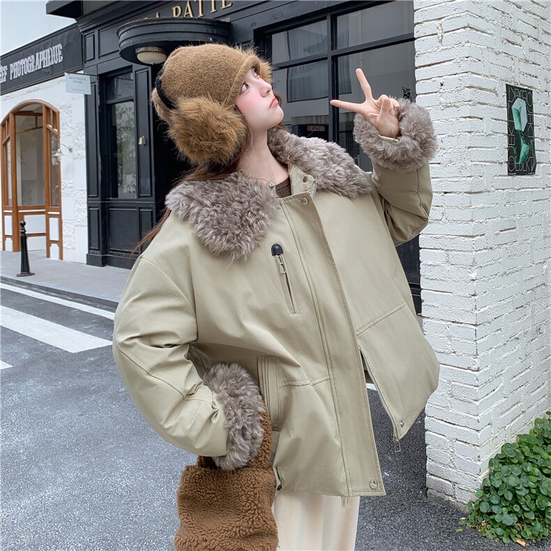 羊羔毛拼接派克棉服女冬超火好看高级感加厚工装羽绒棉衣棉袄外套,女装棉衣/棉服,2C232
