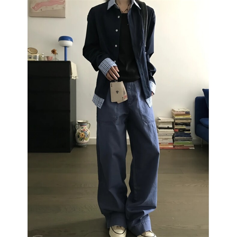 现货蓝色格子拼接翻领长袖上衣情侣款男女假两件衬衫CX03-TP45,男装衬衫,星座910A