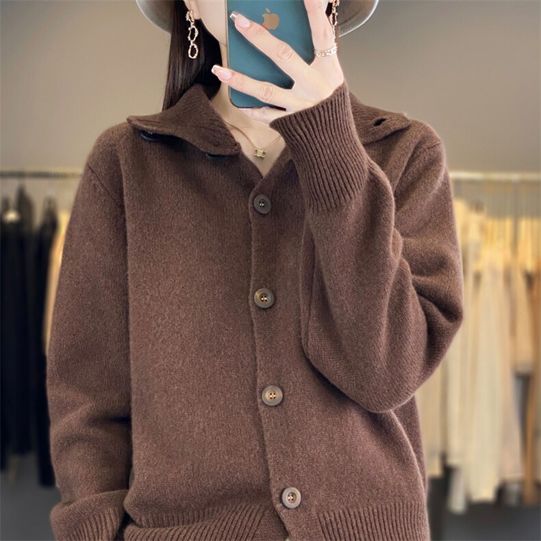 2025年秋季新款百搭女士翻领长袖羊毛开衫,女装羊毛衫,春贝羊绒