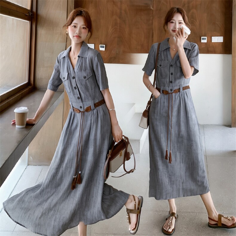 《档口现货26夏上新》气质通勤日常亚麻天丝连衣裙女送腰带,女装连衣裙,时尚风爆