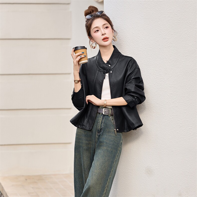 海宁2025新款气质时尚百搭拉链皮衣外套女高级感立领夹克,女装皮衣,江南女神