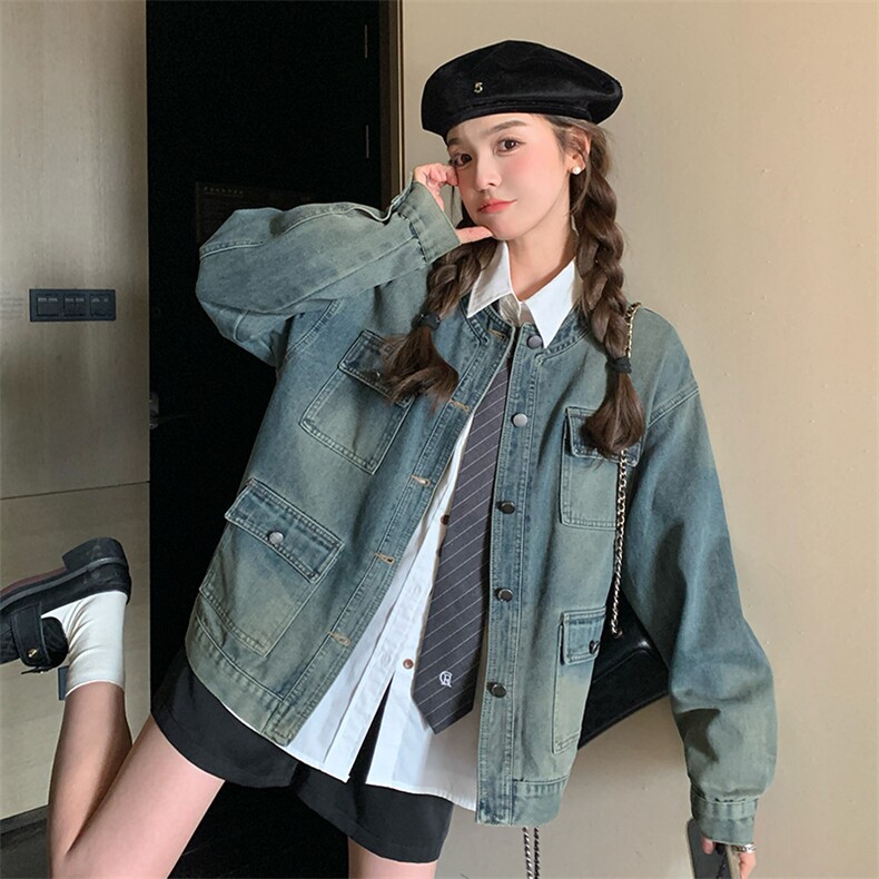 港风复古牛仔外套女2024春秋新款设计感宽松休闲工装圆领夹克上衣,女装牛仔外套,纯色衣恋