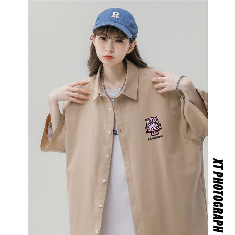 中性风夏季印花短袖衬衫宽松休闲复古美式衬衣外套S6206P35控48，男装T恤，电商A268