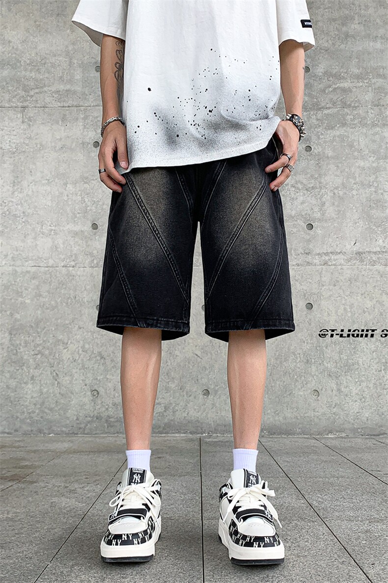 B221美式ins高街暗黑小众拼接牛仔短裤五分裤LK23068-P50控68,男装牛仔裤,电商B221