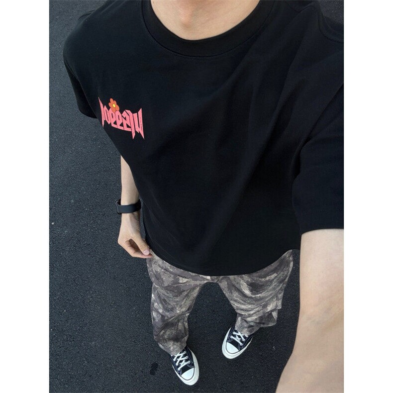 潮牌彩色字母花卉印花短袖男款夏季潮牌cleanfit正肩半袖T恤上衣,男装T恤,星座809A(原222-1)