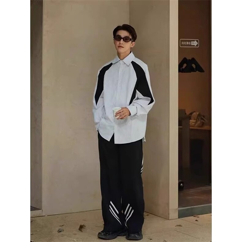 日系cityboy港风竖条纹衬衫男女高级感长袖拼接解构休闲衬衣外套,男装衬衫,星座1210-1