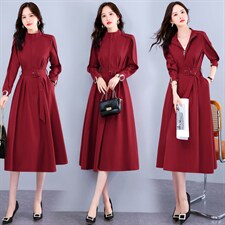 新款长袖风衣式连衣裙女春秋新款收腰显瘦复古气质风衣裙送腰带，女装连衣裙，韩美纤衣