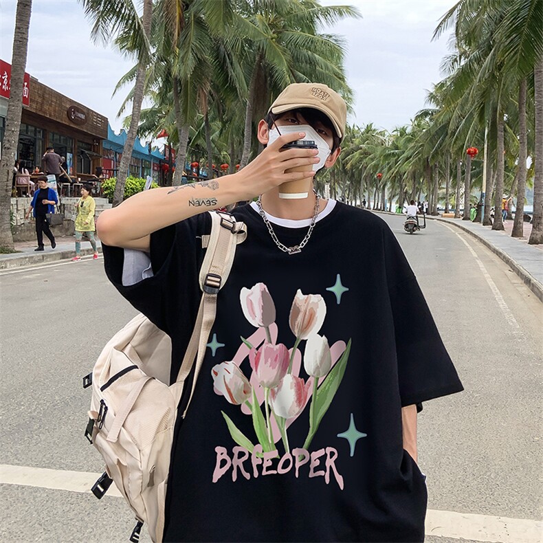 港风油画郁金香创意印花夏季重磅落肩袖短袖t恤B239-1253-P28,男装T恤,星座514-2(原B239)
