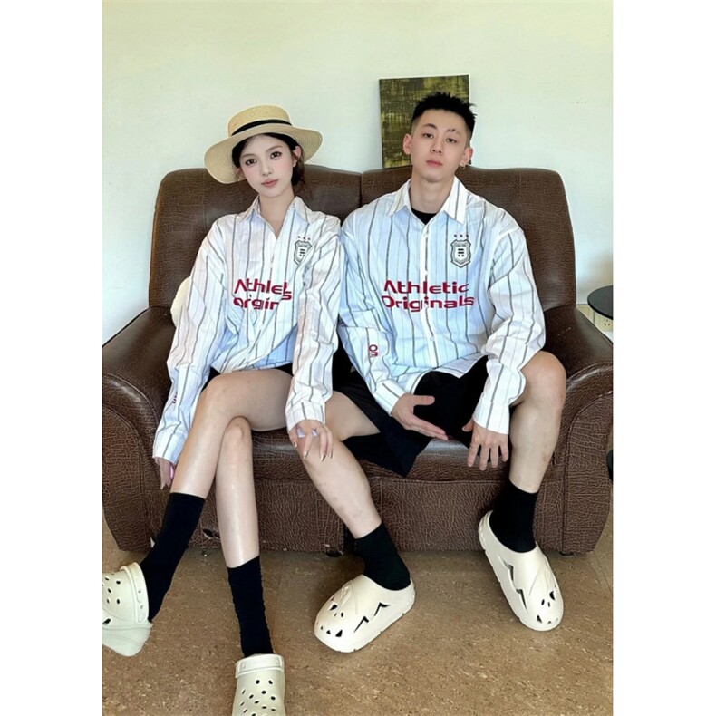 706-1-CS755-P48现货秋季美式运动撞色条纹衬衫情侣印花衬衣,男装衬衫,星座706-1