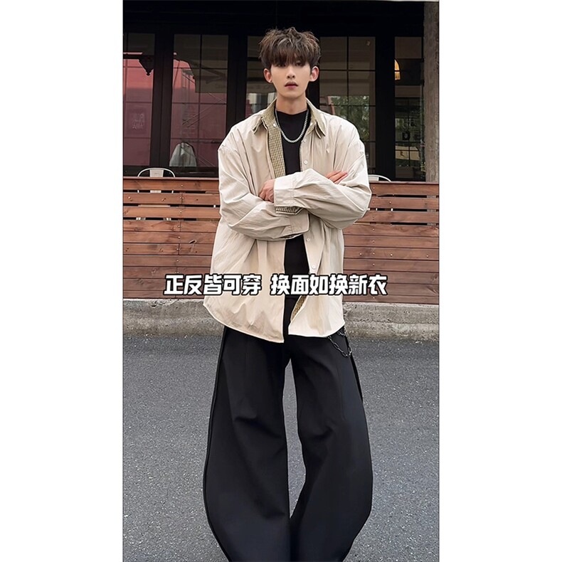 AB面设计时髦时尚翻领衬衫夹克撞色格纹港风休闲衬衫HY850TP80,男装夹克,电商A102B