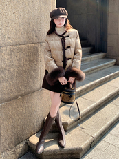 现货！2693款圆领提花料新中式狐狸毛袖短款女式羽绒服，女装羽绒服，衣秀之家