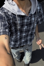 特批P32无差价夏季连帽格子港风短袖衬衫男宽松上衣外套CD5475，男装衬衫，电商A001-1