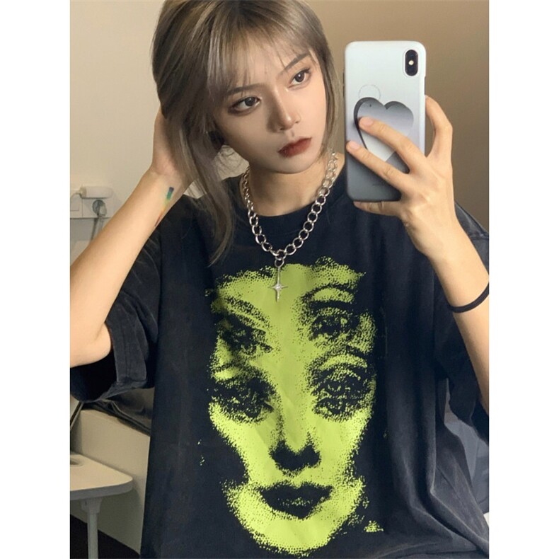 M357-P252025春夏款男女个性短袖荧光绿人像复古创意印花纯棉T恤，女装T恤，星座617A-2