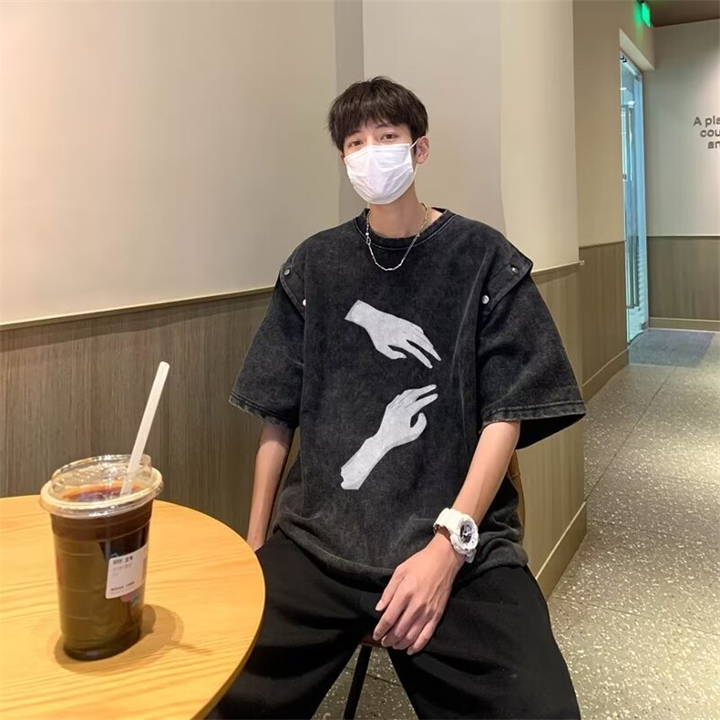美式重磅洗水做旧可拆卸袖子设计感小众短袖t恤宽松DT003-P38,男装T恤,星座1109-3