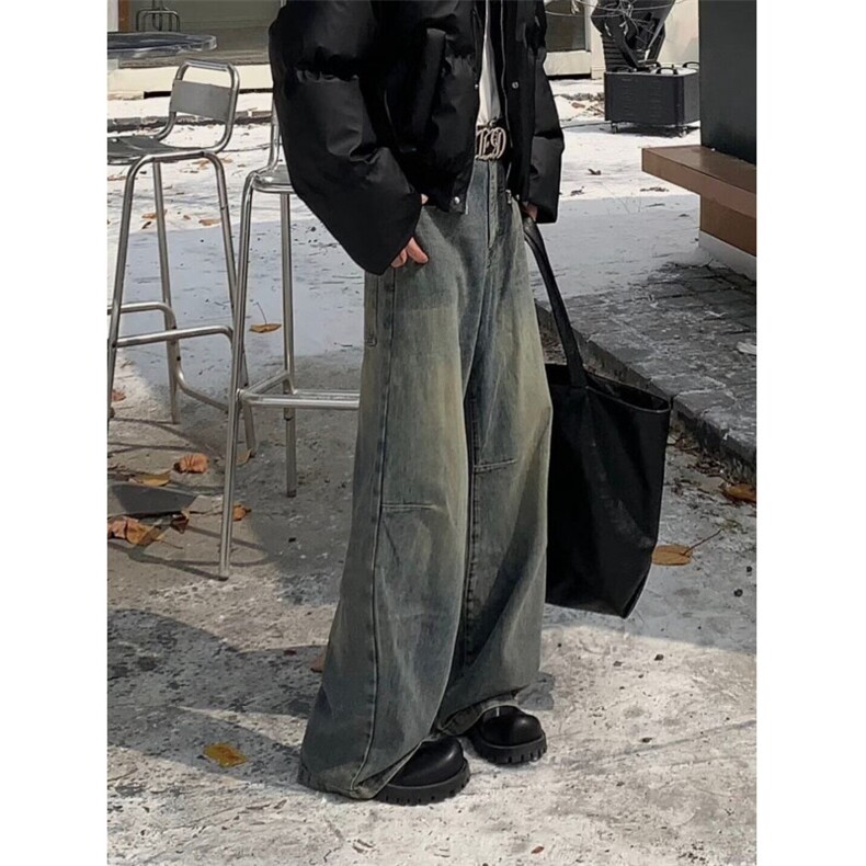 春秋季水洗做旧牛仔裤男美式复古潮牌潮流宽松阔腿直筒裤休闲长裤,男装牛仔裤,四季星座505