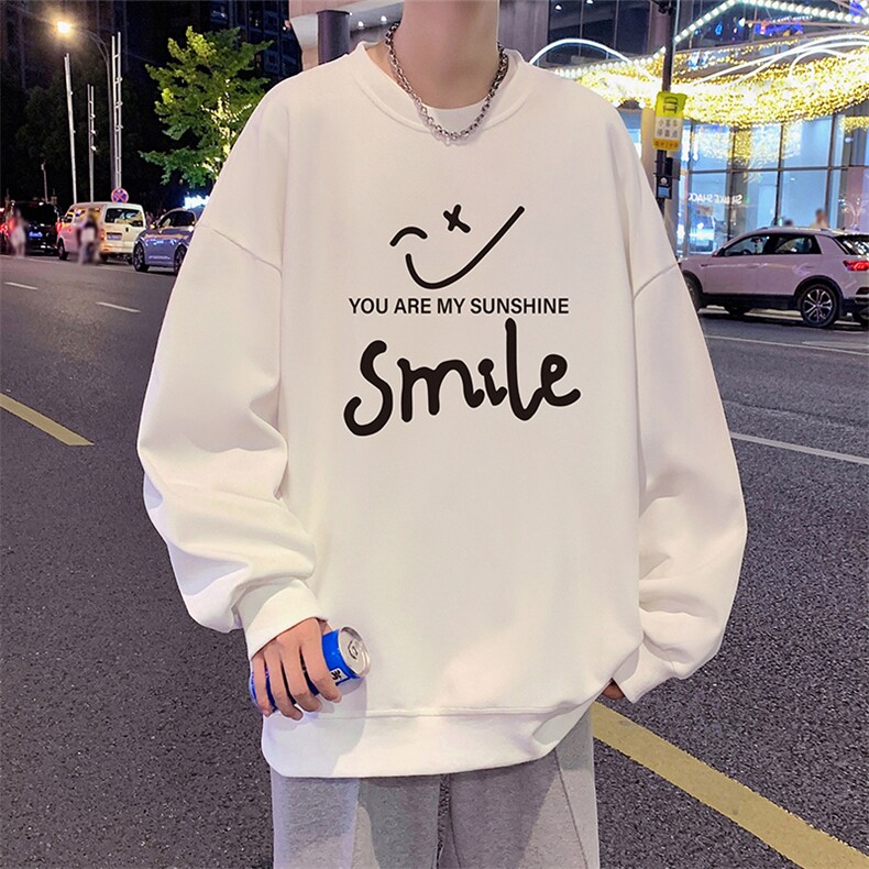 W387P35加绒45笑脸卫衣秋冬新款打底衫宽松套头圆领无帽上衣服t图片