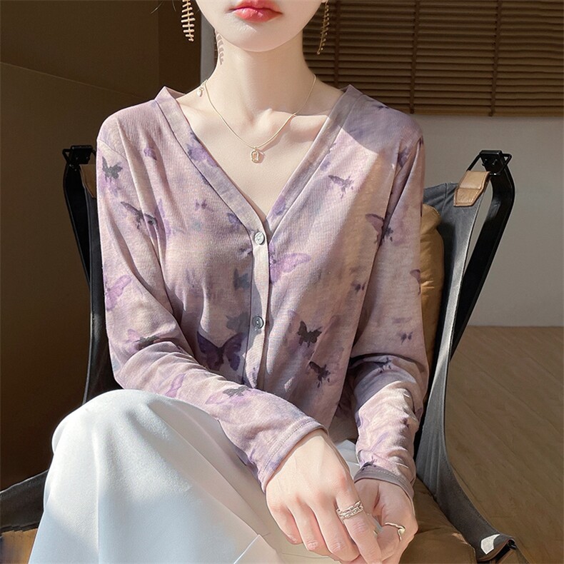 v领新款针织女长袖花色简约百搭宽松开衫上衣,针织衫/毛衣,绒宛羊绒