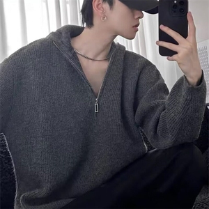 【有货】D3115-P55半拉链毛衣男秋冬慵懒风美式连帽针织衫外套图片