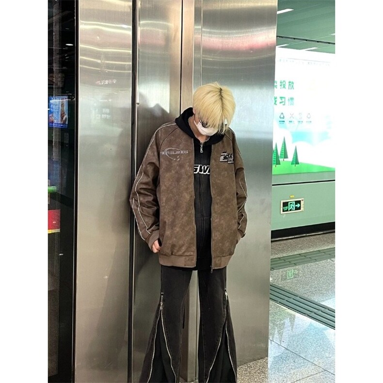 美式高街复古刺绣字母麂皮绒衣外套男款潮牌宽松嘻哈夹克棒球服,男装夹克,星座506A