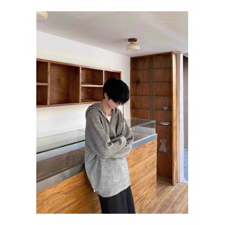 韩版复古灰色半拉链连帽毛衣男秋冬宽松oversize慵懒风针织衫外套,男装针织衫/毛衣,星座506A