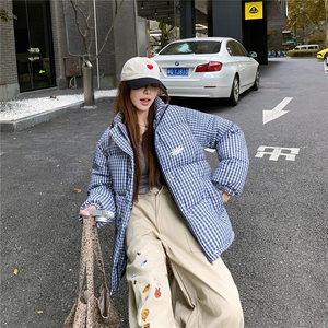 刺绣款蓝色格子羽绒棉衣棉服冬新款宽松面包服加厚外套TT8813 P80图片