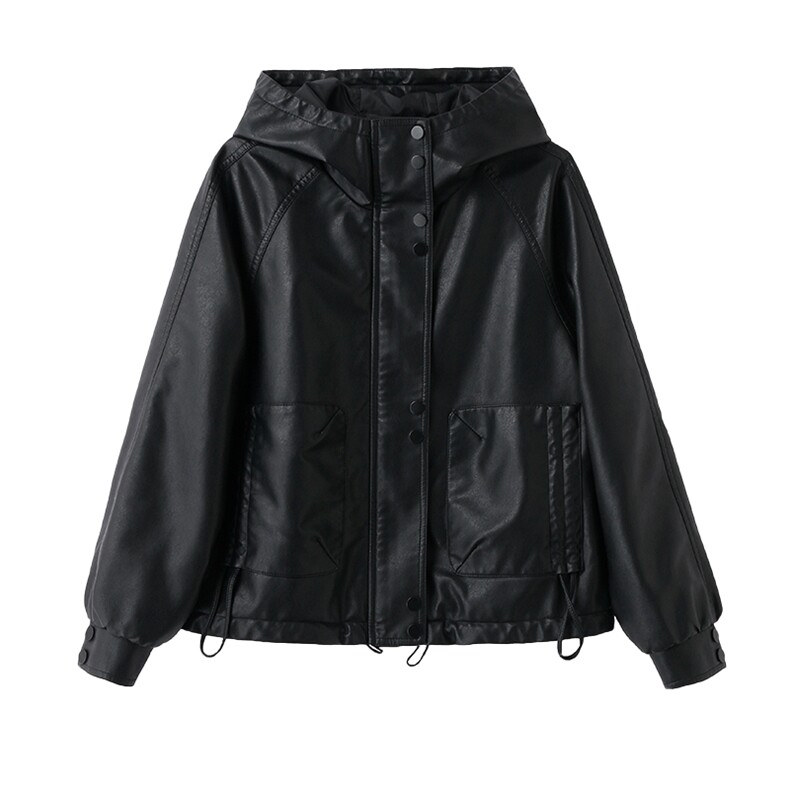 【现货】春装新品连帽皮衣外套女时尚皮夹克2506-1C115-P130-K198,女装皮衣,吾爱衣