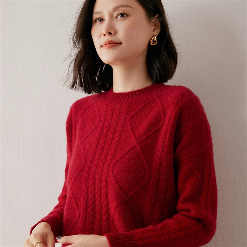 2025年秋季新款七针圆领大菱形花纹针织上衣时尚休闲通勤百搭,女装羊绒衫,米琪莲羊绒