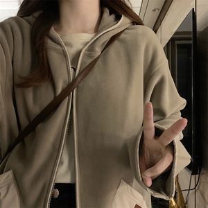 双面绒外套女2025秋春新款双插兜加绒拉链连帽衫夹克 C801-P100图片