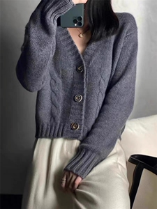 慵懒风V领女士开衫春秋新款洋气显瘦毛衣外套软糯针织上衣图片