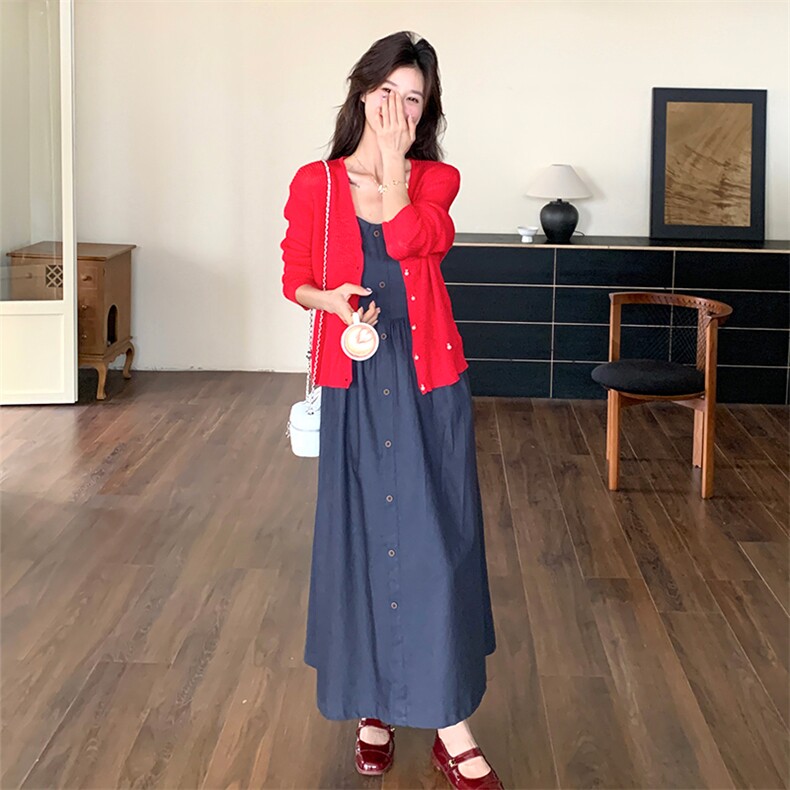 2025新款现货！超美牛仔吊带连衣裙针织衫外套两件套,女装套装/套裙,欧黛芙妮