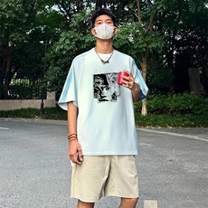 抖音得物品质二开240克宽松纯棉美式潮牌印花三条杠中性风短袖T恤，男装T恤，电商A486