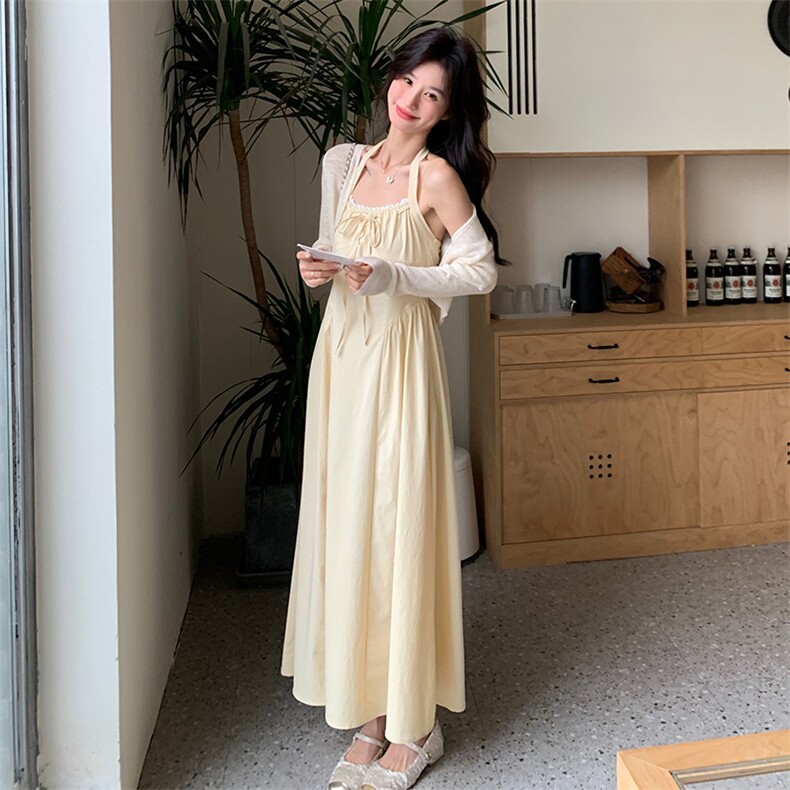 法式穿搭黄色挂脖吊带连衣裙叠穿开衫女春秋超火好看绝美长裙套装,女装连衣裙,2D035