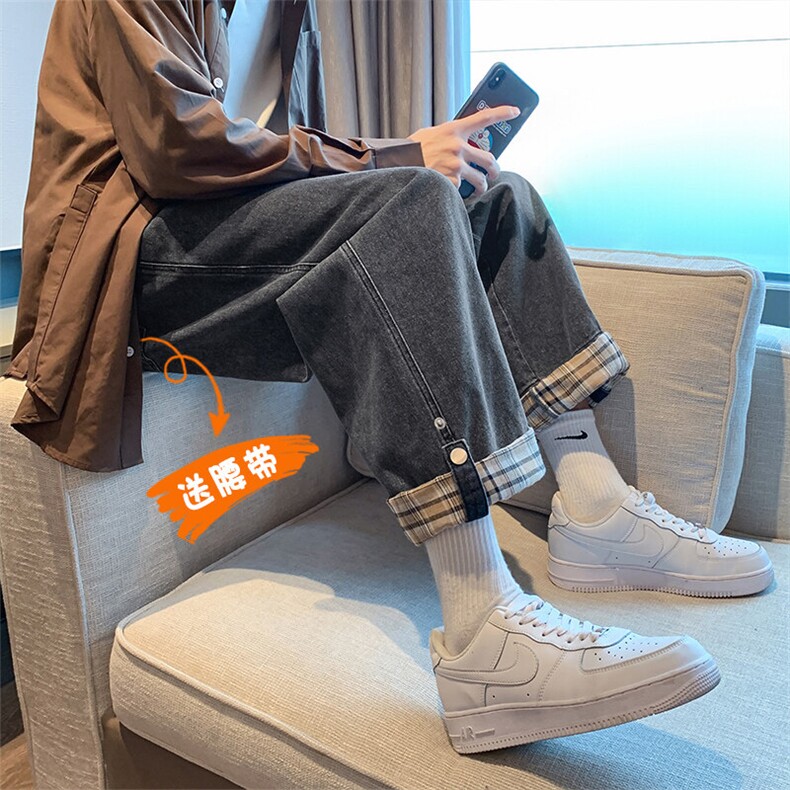 特批P42无差价春季港风牛仔裤阔腿裤脚可调节拼接宽松九分裤K2168，男装牛仔裤，星座1006