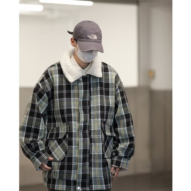 格子羊羔毛棉衣男士冬季加绒加厚潮流棉服外套棉袄TT9018P68,男装棉衣,星座1013-5