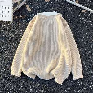 秋季日系复古翻领假两件套头毛衣男潮牌慵懒风高级感情侣针织上衣图片
