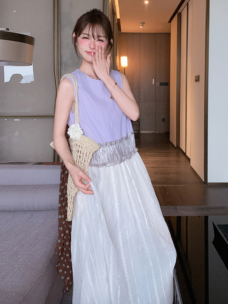 设计感拼接无袖连衣裙女2025夏季新款韩系甜美宽松小个子背心裙潮,女装连衣裙,浙宝305