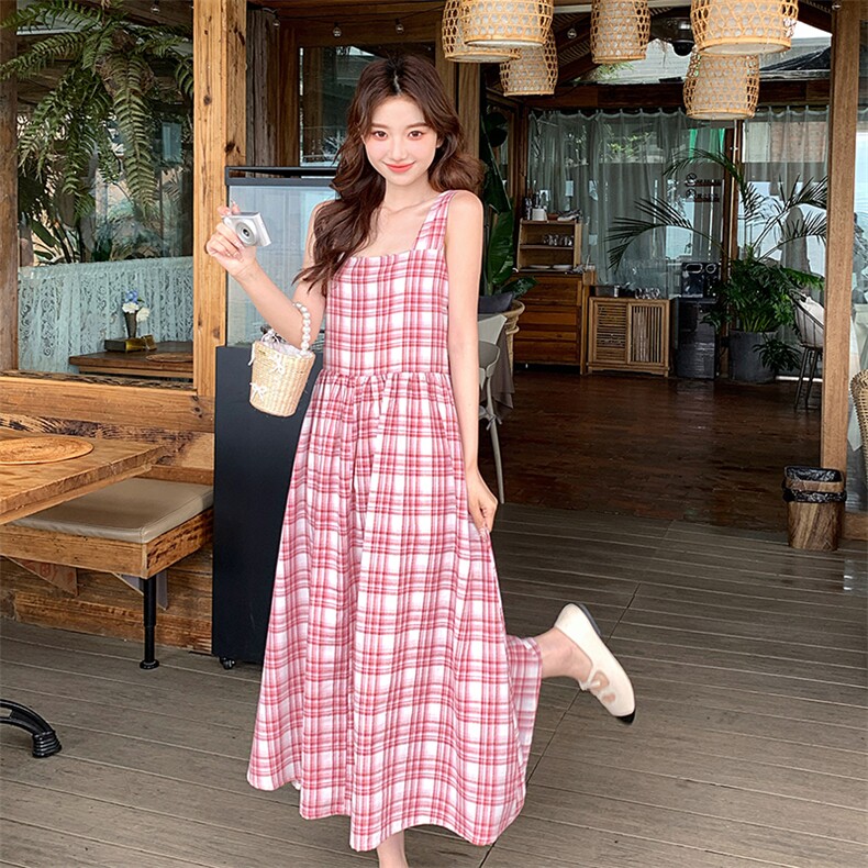 粉色格子超好看绝美连衣裙女2025夏季新款韩版温柔收腰无袖A字裙,女装连衣裙,浙宝276（原081）