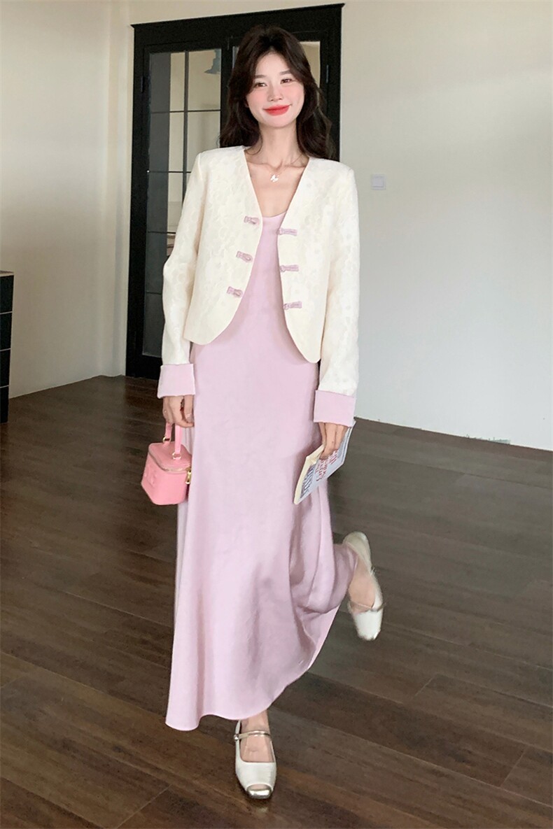 粉色盘扣新中式国风套装裙女2025年春季新款气质吊带连衣裙两件套,女装套装/套裙,2C032