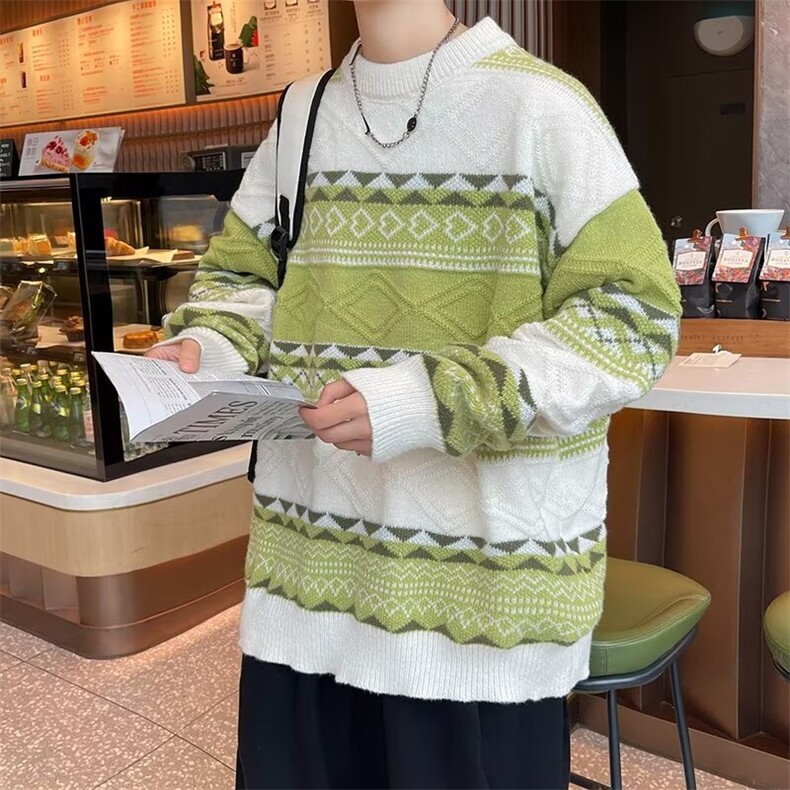 条纹拼接毛衣男秋冬新款设计感小众日系慵懒风宽松加绒打底针织衫,男装T恤,星座1013