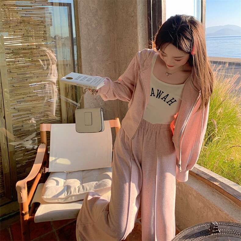 休闲运动穿搭粉色卫衣套装女春秋2025新款超火多巴胺阔腿裤两件套,女装套装/套裙,2C187