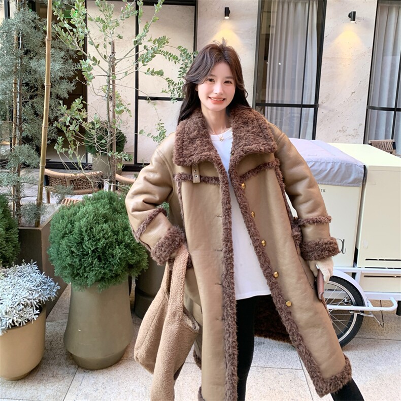 中长款羊羔毛外套女冬季新款韩系加绒加厚两面穿保暖皮毛一体大衣,女装毛呢外套,帛香坊