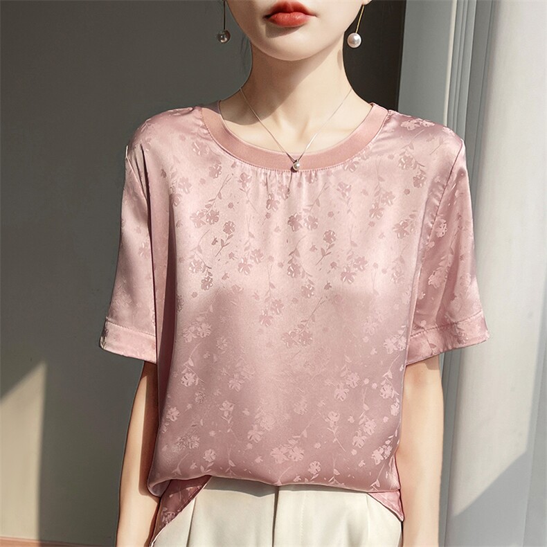 专柜品质~缎面提花新中式小衫国风上衣凉感丝滑垂坠感圆领短袖T恤，女装T恤，圣丽羊绒